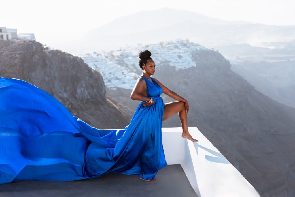 santorini flying dress photoshoot blue dress