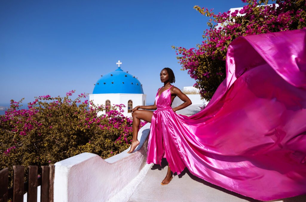 santorini flying dress photoshoot pink dress