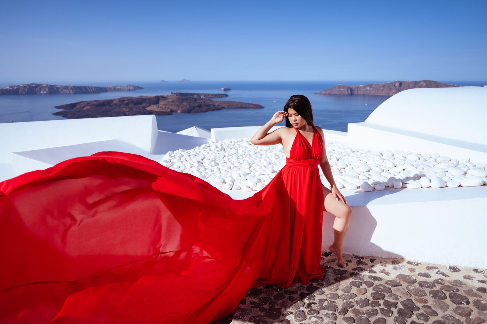 santorini flying dress photoshoot red dress